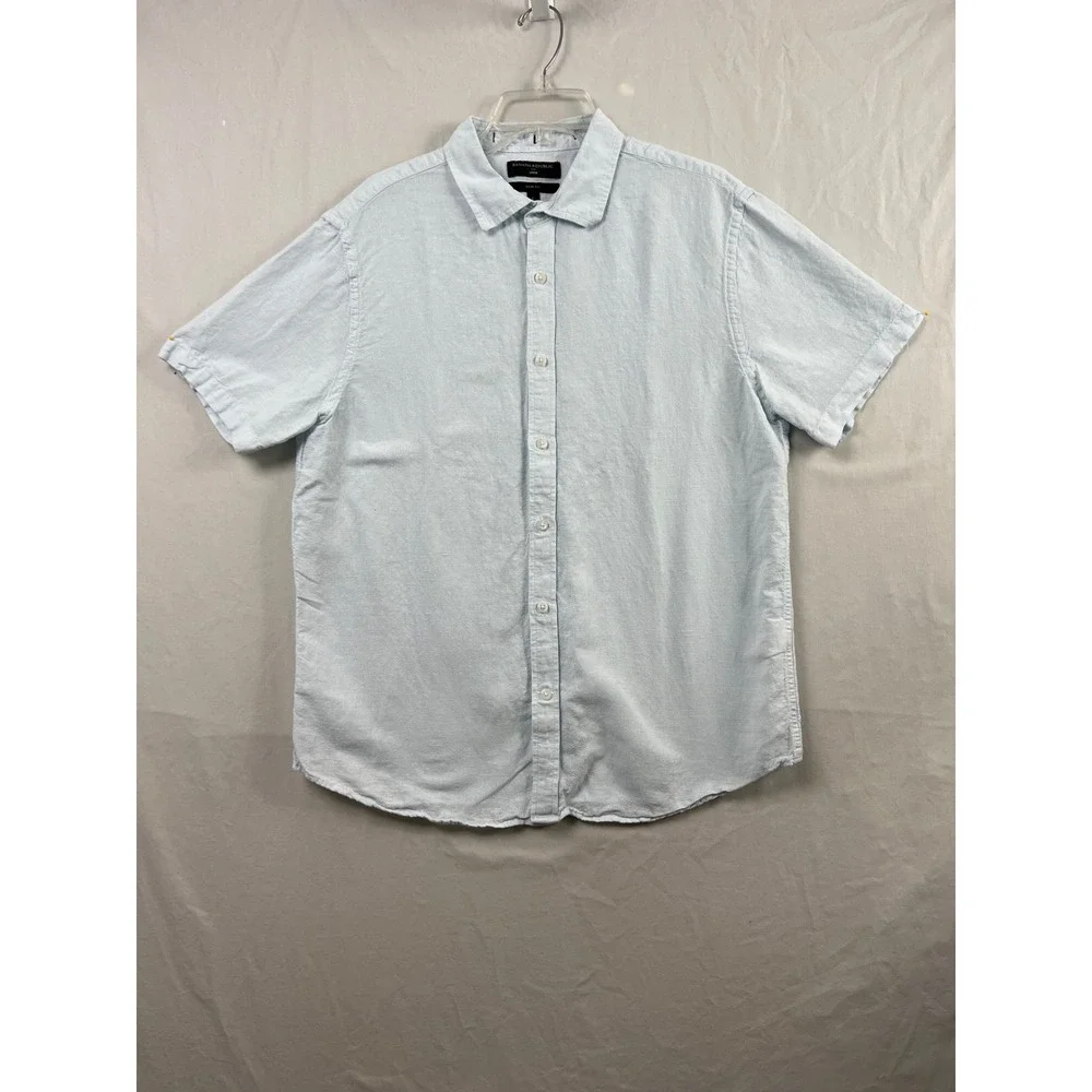 Banana Republic Shirt Men Large Blue Slim Fit Linen Blend Short Sleeve Button Up